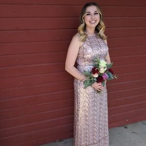 David's Bridal High-Neck Sequin Dress Rose Gold